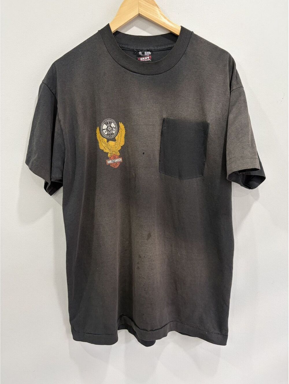 Vtg Harley Davidson Ghost Pocket Sun Faded Thrashed T Shirt